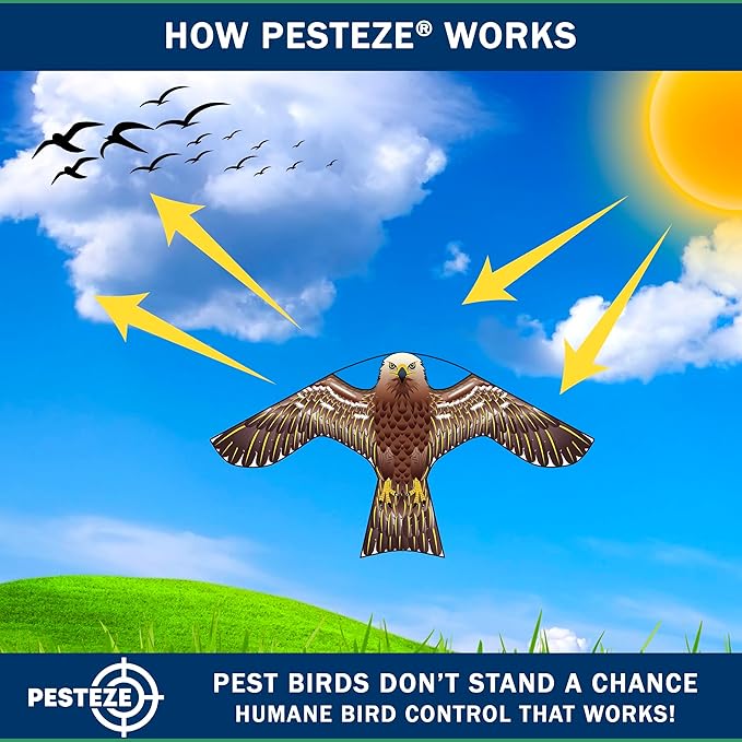 PESTEZE USA Hawk 47x27 Inch Kite with 13 Ft Flagpole. Provides Humane Bird Deterrence in Yards & Farms. Protects Vegetables, Fruits & Crops from Pest Birds & Critters