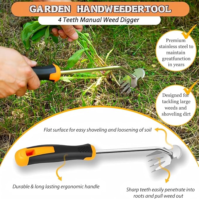 Weed Remover Tool, Portable Garden Weeder, Stainless Steel Weeding Tool with Rubber Handle – Ideal for Backyard Planting, Gardening, and Farm Cultivation