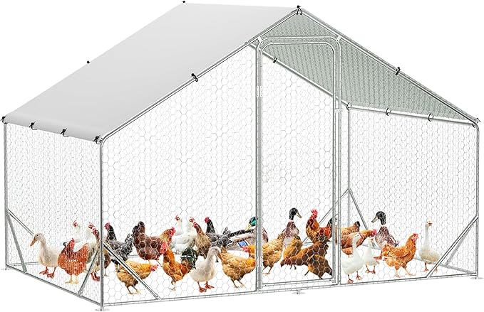 Metal Chicken Coop, 9.8x6.5x6.5 Ft Spire-Roof Poultry Cage with Waterproof and Anti-Ultraviolet Cover for Outside, Galvanized Steel Outdoor Chicken Pen for Backyard Farm Garden