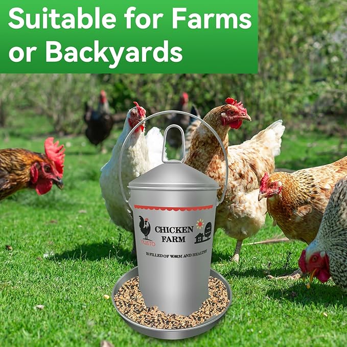 8.8 Lb Stainless Steel Poultry Feeder, Automatic Chicken Feeder No Waste, Hanging Chicken Feeder Heavy Duty Reliable Long-Lasting with Handle, Top Filled