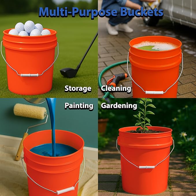 5-Gallon Bucket with Airtight Lid – Made in USA, Food Grade BPA Free Plastic, Heavy Duty Multi-Use, Metal Handle with Grip, Stackable Storage – Orange, 1 Pack