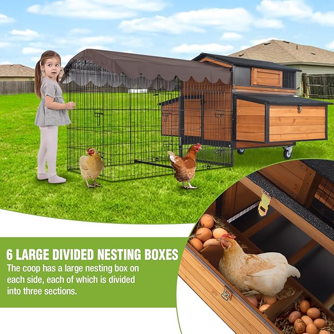 GUTINNEEN Mobile Chicken Coop with All-Around Metal Frame, 76.7" Large Chicken Coops with Super Large Wheels, Outdoor Poultry Cage Hen House with Metal Run for 6-8 Chickens