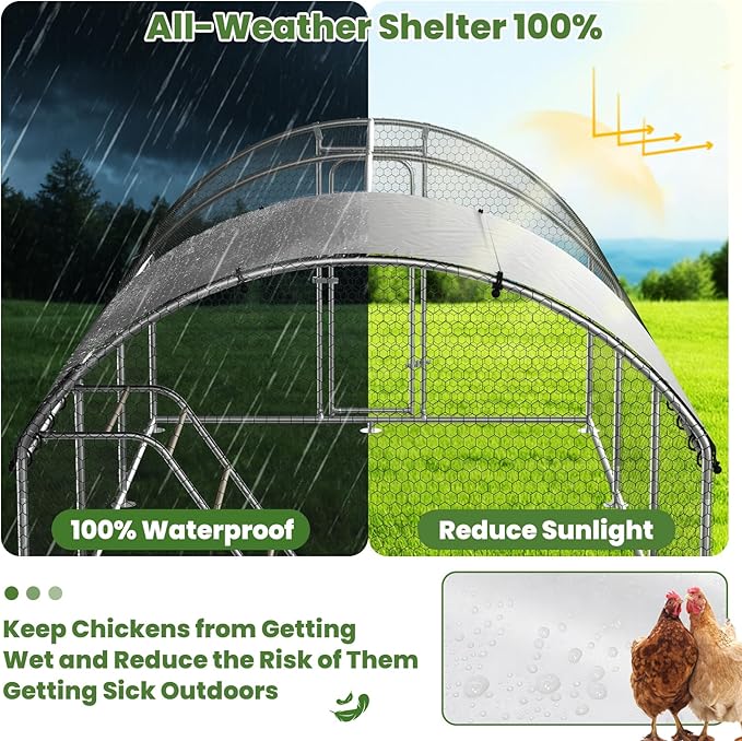 Large Metal Chicken Coop Walk-in Poultry Cage with Waterproof Roosting Perch and UV-Resistant Cover, Outdoor Chicken Run Poultry Hen House for Backyard Farm Use, Dome Roof (10’ W x 19.7’ L x 6.4’ H)