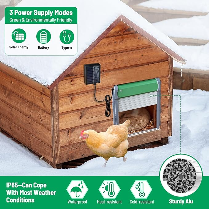 Automatic Chicken Coop Door, Solar Powered Door Opener with Timer & Light Sensor, 4 Modes IP65 External 2000mAh Power Supply Connection with Remote Control & Anti-Pinch Function for Family, Farms