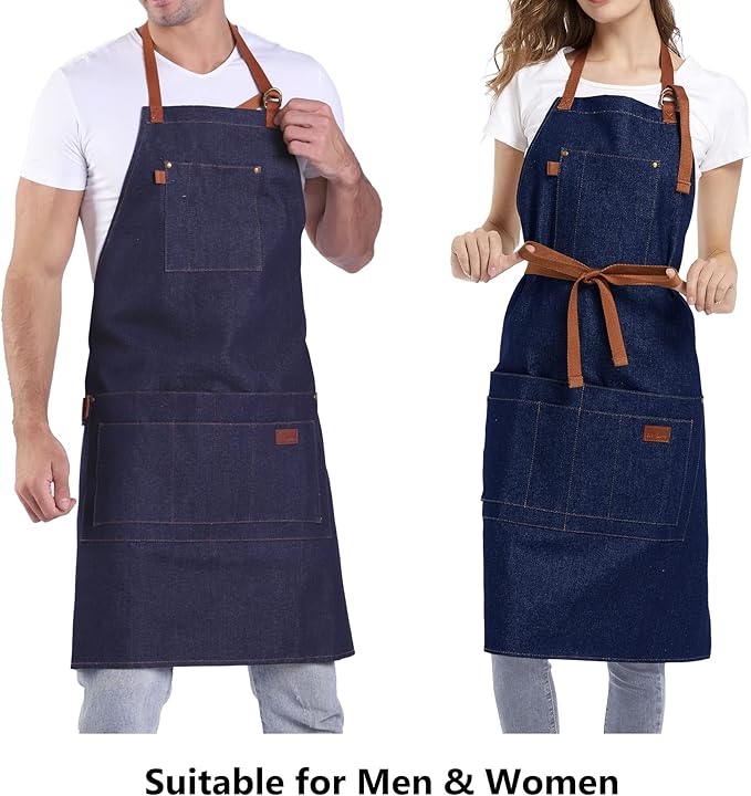 Denim Apron with Pockets Tall Bib Apron Large with Long Ties Adjustable - Gifts for Men Women