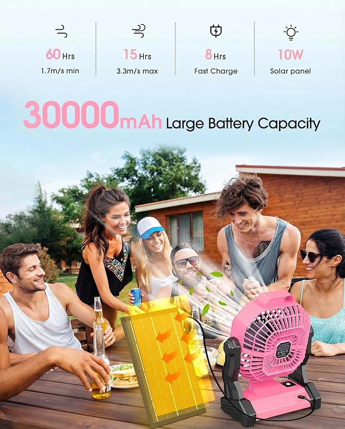 Rechargeable Solar Fan,【Max 60H Runtime】Camping Fan with Solar Panel, 10W 9-Inch Battery Operated Fans for Outside, LED Lantern, Stepless Speed Battery Powered Solar Tent Fans for Outdoor, Barbecue