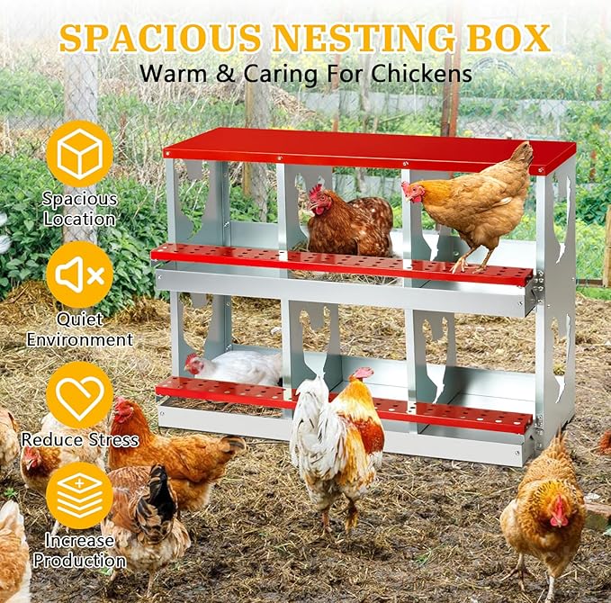 Chicken Nesting Box for Laying Eggs,Wall-Mountable Chicken Coop Nesting Boxes,6 Hole Roll Away Nesting Boxes,with Large Vented Holes,for Chickens,Ducks,Large Egg Laying Boxes (Red 6 Hole)