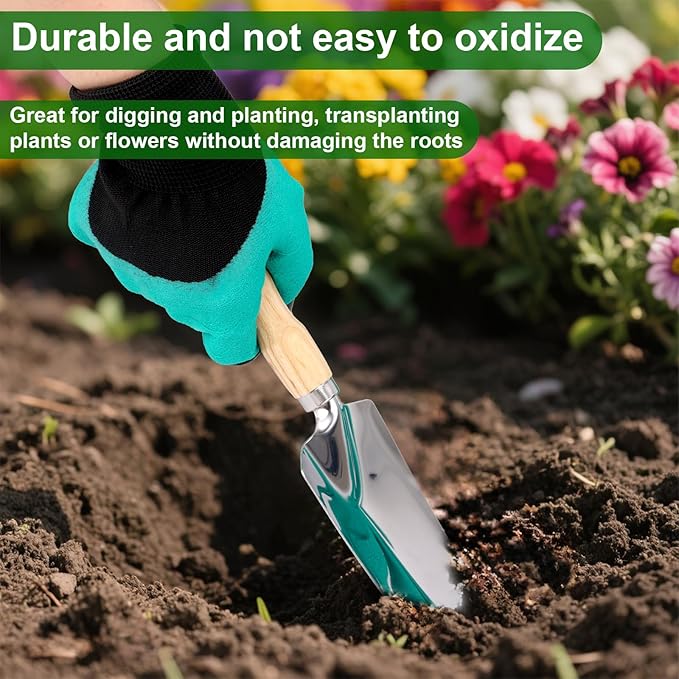 Heavy Duty Garden Tool Set, Gardening Hand Tools with Wooden Handle Stainless Steel Material Latex Gloves Gardening Gifts for Garden Enthusiasts