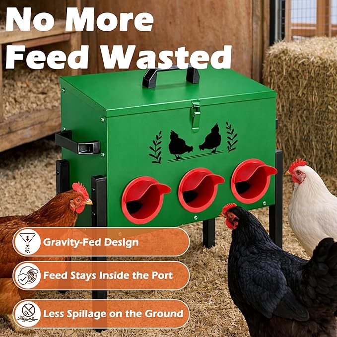 Large Capacity Automatic Chicken Feeder, 6 Port Chicken Feeder, 28LB Metal Chicken Feeders with Locking Lid & Adjustable Legs, No Waste Chicken Feeder, Green