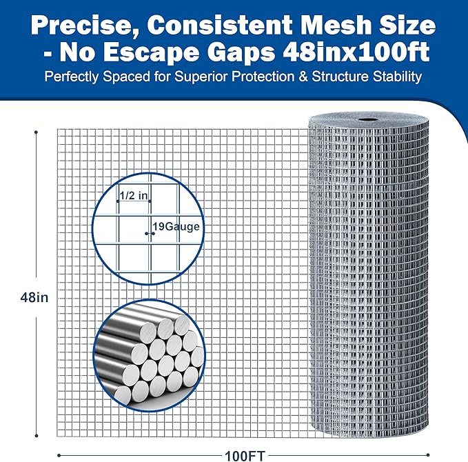 Hardware Cloth, Chicken Wire Mesh 1/2 inch 48in x 100ft, Chicken Wire Fence Rolls for Garden Plants, for Chicken Coops and Pet Fences Heavy Duty Cutting Pliers and Gloves