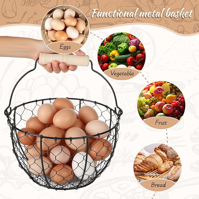 Egg Basket With Handle,Wire Egg Basket for Gathering Fresh Eggs, Round Egg Collecting Basket for Farm,Vintage Style Chicken and Duck Eggs Basket Egg Countertop Storage Container Holder ﻿