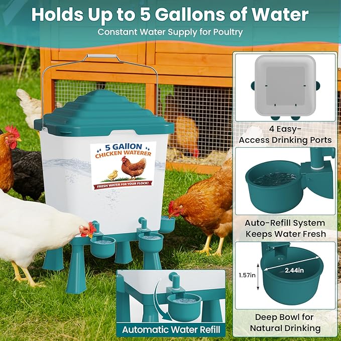 Chicken Feeder and Waterer Set, 5 Gallon Automatic Chicken Waterer with Cups, 40LB Large Chickens Feeders No Waste, Chicken Coop Accessories, Poultry Feeder & Chicken Watering System for Ducks, Quails