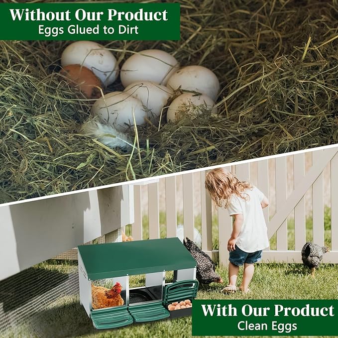 Chicken Nesting Boxes, Nesting Boxes for Chickens, Roll Out Chicken Nest Box, Metal Chickens Egg Laying Box with Swing Perch and Rollout Egg Collection for Chicken Coop
