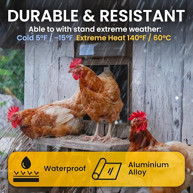Okkobi Automatic Chicken Coop Door Solar Powered - LCD Display - Light Sensor & Timer - Security & Peace of Mind: Anti-Pinch Function - 5-Year Protection - Dark Brown