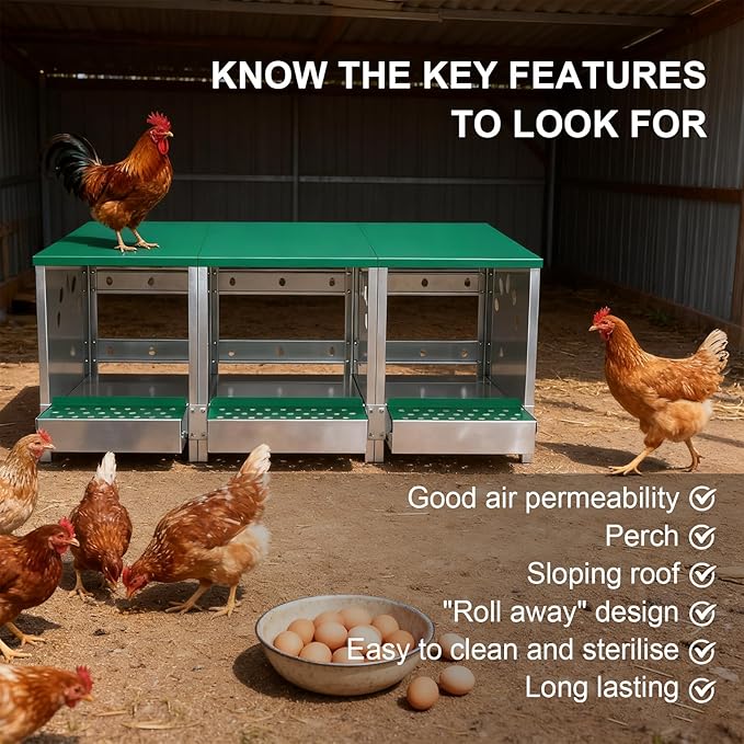 Chicken Nesting Box 3 Compartments - Wall Mount Metal Egg Laying Nest Box for Chicken Coop, Easy to Assemble & Versatile Use for Hens, Ducks, Chickens