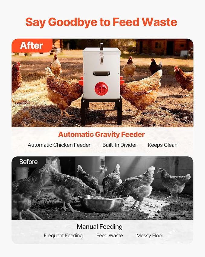 VEVOR Automatic Chicken Feeder, 40 lbs Capacity, 6 Feeding Ports No-Waste Poultry Feeder with Built-in Divider, with Latch & Handle, Metal Construction, for Chickens Bantams Pheasants Poultry Coop