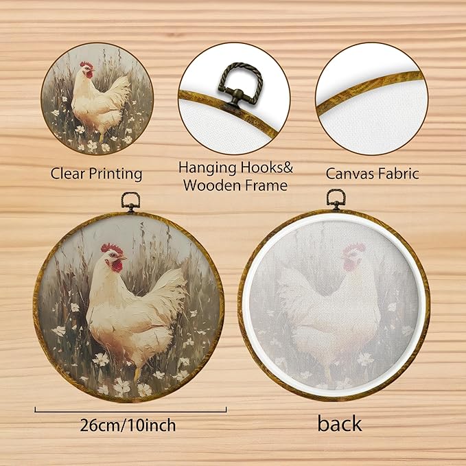 Hiuwevt Vintage Farmhouse Chicken Round Wall Art Decor, Retro Country Farm Animal Framed Canvas Prints, Rustic Cottagecore Chicken Round Wall Hanging Decor for Kitchen Home Decorations, 10x10 Inches