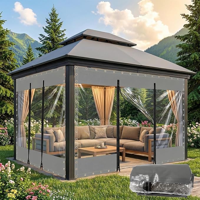 15'W X 8'H Outdoor Vinyl Curtains for Patio with Zippers, 21.16oz Clear PVC Screen Panels, Heavy Duty Porch Enclosure with Grommets for Outside Porch Balcony Pergola Gazebos