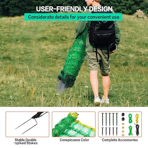 Electric Fence Netting, 49.6" H x 164' L, PE Net Fencing Kit with 14 Posts Double Spiked, Utility Portable Mesh for Sheep Hogs Goats Deer Dogs Lambs Used in Backyards Patio Farms Ranches, Green