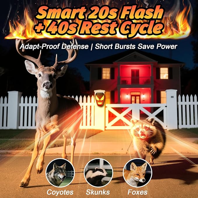 Solar Coyote Deterrent Predator Lights - Nocturnal Animal Repeller with Red LED Flashing Lights for Chicken Coop, Yard & Garden Protection Against Raccoons, Foxes, Deer, Skunks, Hawks 2 PCS