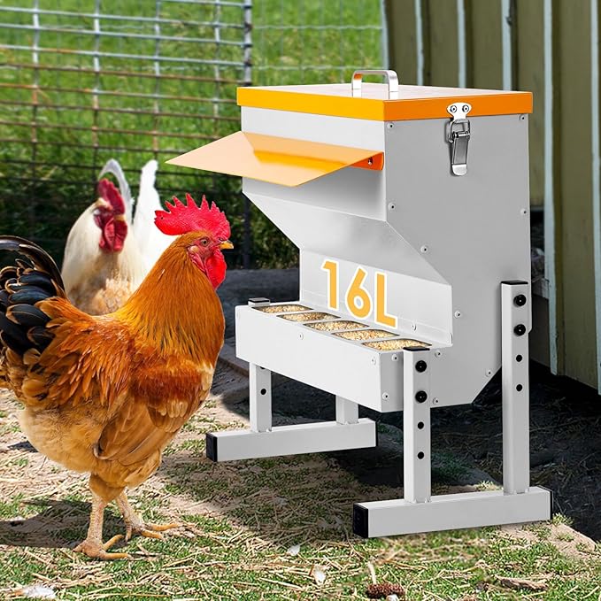 Automatic Chicken Feeder 20LB no Waste Metal Duck Feeder with 5 Chicken Feeders Trough Port Wall Mount Large Hanging Poultry Feeder Dispenser with Lid Legs for Outside Chickens Coop Quail Galvanized