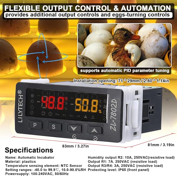 Automatic Incubator Multifunctional Temperature and Humidity Controller Digital Hygrostat Thermostat for Eggs Turning and PID Control