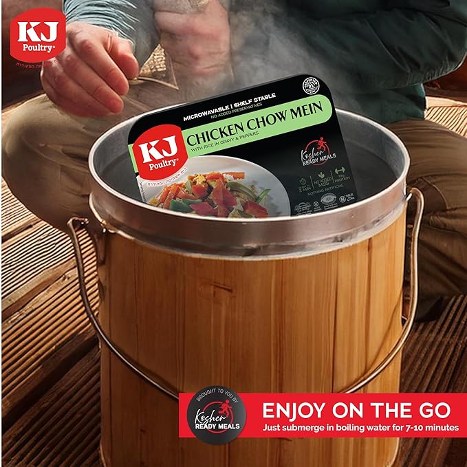 KJ Poultry Kosher Ready Meals - Chicken Chow Mein, MRE Meat Meals Ready to Eat, Gluten Free, Halal, (3 Pack) Prepared Entree Fully Cooked, Shelf Stable Microwave Dinner Travel Military Camping