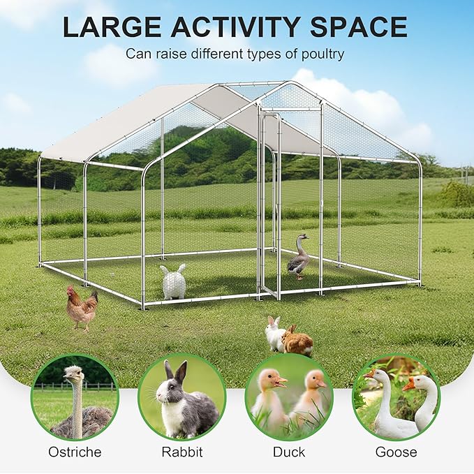 GOJOOASIS Chicken Coop for 20 Chickens Walk-in Chicken Run Large Metal Poultry Cage Outdoor Backyard Hen House for Small Animals with Waterproof Cover (10'L x 10'W x 6.6'H)
