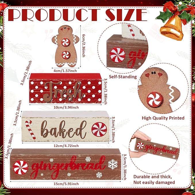 Geelin 4 Pcs Wooden Christmas Tabletop Decor Gingerbread Man Tiered Tray Decor Christmas Centerpiece Rustic Decorative Block Signs Gift Farmhouse Table Decoration for Home Kitchen