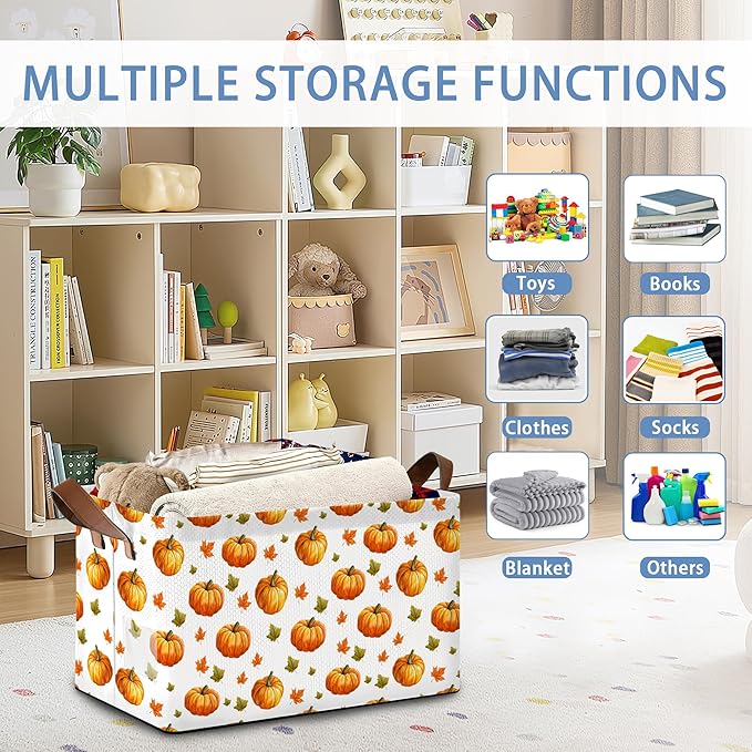 Pumpkin Maple Leaf Storage Basket with Handles,Thanksgiving Collapsible Rectangle Organizer Bin for Room Decoration Books Box Baskets 17x11.5x10Inch