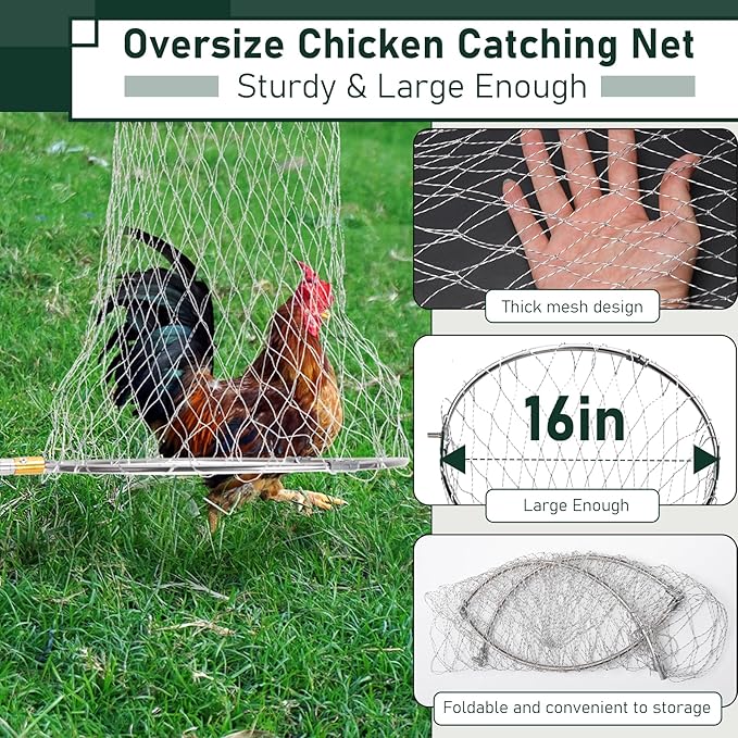 Flehomo Chicken Catcher Set, Chicken Catching Net with Leg Hook & Telescopic Pole, Adjustable from 32.5" to 74", 16 x 24 Inch Net, Chicken Coop Accessories Suitable for Outdoor Poultry Catching