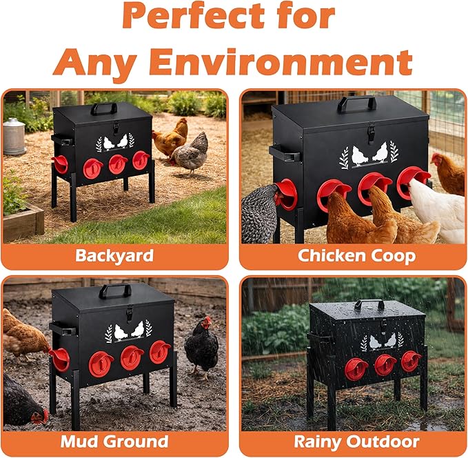 Large Capacity Automatic Chicken Feeder, 8 Port Chicken Feeder, 48LB Metal Chicken Feeders with Locking Lid & Adjustable Legs, No Waste Chicken Feeder, Black