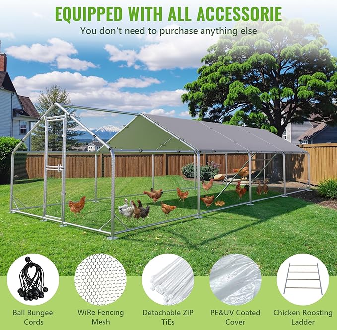 Large Metal Chicken Coop, 10x26x6.5FT Chicken Runs for Yard with Cover and Roosting Perch, Split Doors Walk in Chicken Coop