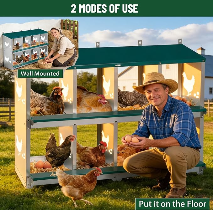 Chicken Nesting Box 8 Compartment with 10 Pet Moisture Pads and 4 Fake Eggs Roll Away Egg Collection, Perch, Lid Cover for Egg Protection - Wall Mount Nest Box for Chickens, Hens, Ducks
