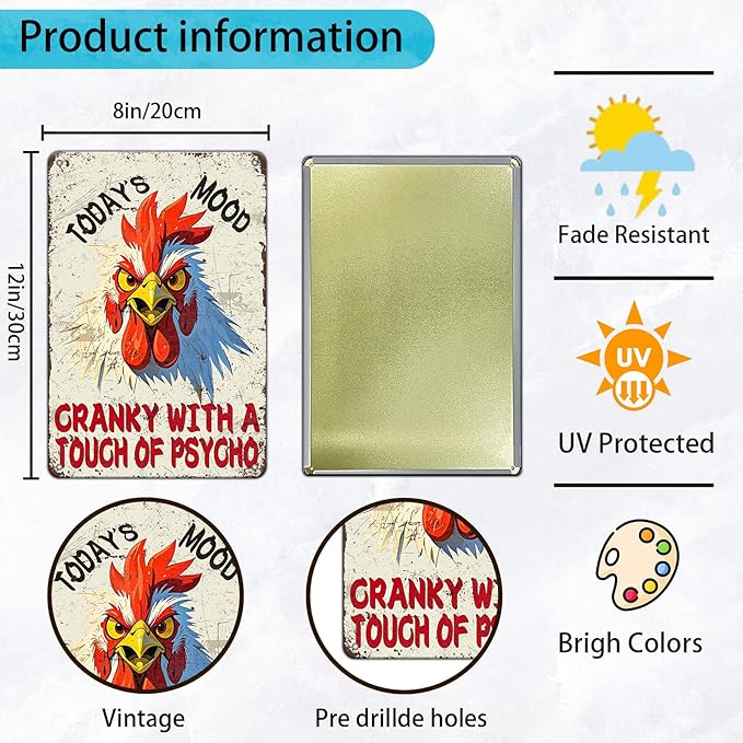 Funny Chicken Signs Today's Mood Metal Tin Sign 12x8 Inch Farm Rooster Wall Decor Chicken Coop Accessories Home Kitchen Garden Country Farm Backyard