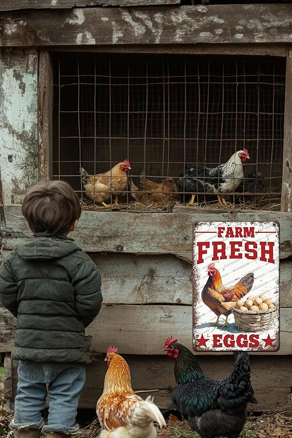 Vintage Chicken Farm Metal Sign Farm Fresh Eggs Metal Poster Home Garden Garage Bathroom Farmhouse Aluminium Sign Art Wall Decor Plaque 16x12 Inch