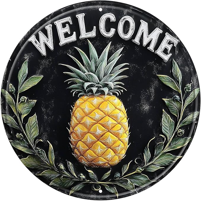 Welcome Pineapple Round Metal Tin Sign Wreath Vintage Farmhouse Wall Decor for Home Living Room Kitchen Dining Bedroom 8x8inch