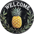Welcome Pineapple Round Metal Tin Sign Wreath Vintage Farmhouse Wall Decor for Home Living Room Kitchen Dining Bedroom 8x8inch