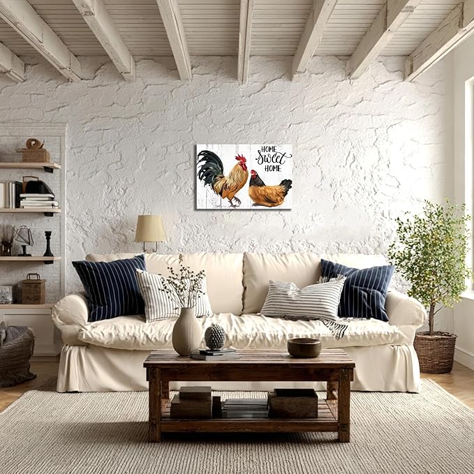Farmhouse Rooster Wall Art Canvas Print - Rustic Kitchen Decor Painting for Home, Country Chicken Themed Artwork 10“x15"