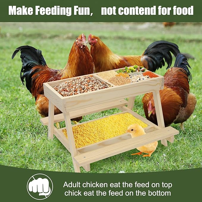 Double Chicken Picnic Table Large Capacity Handmade Wooden Chicken Feeder, Mesh Bottom for Easy Cleanup, Suitable for Chickens, Ducks