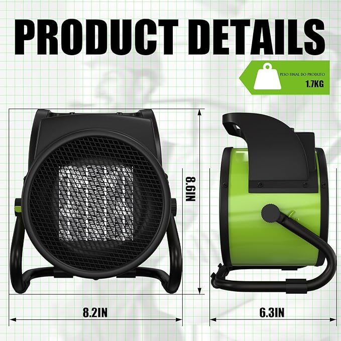 Gardtech Electric Space Heater for Indoor Use, Outdoor Heater with Overheat Protection, Fast Heat PTC Ceramic Portable Garage Heater for Workshop, Greenhouse (Green)