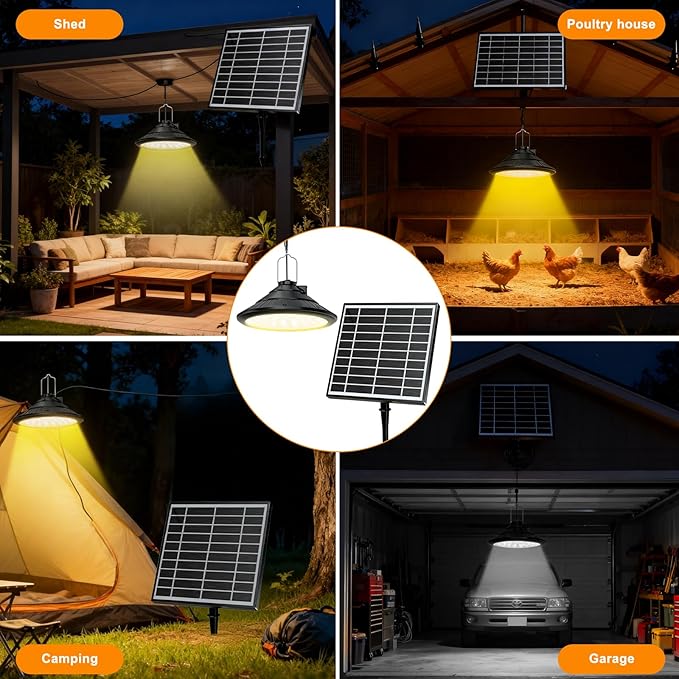 Solar Chicken Coop Light with Timer | 3-Color Dimmable LED, IP66 Waterproof & 16.4ft Cord | Hanging Ceiling Pendant Light for Poultry Farms, Coops(with Solar Panels, Carabiner)
