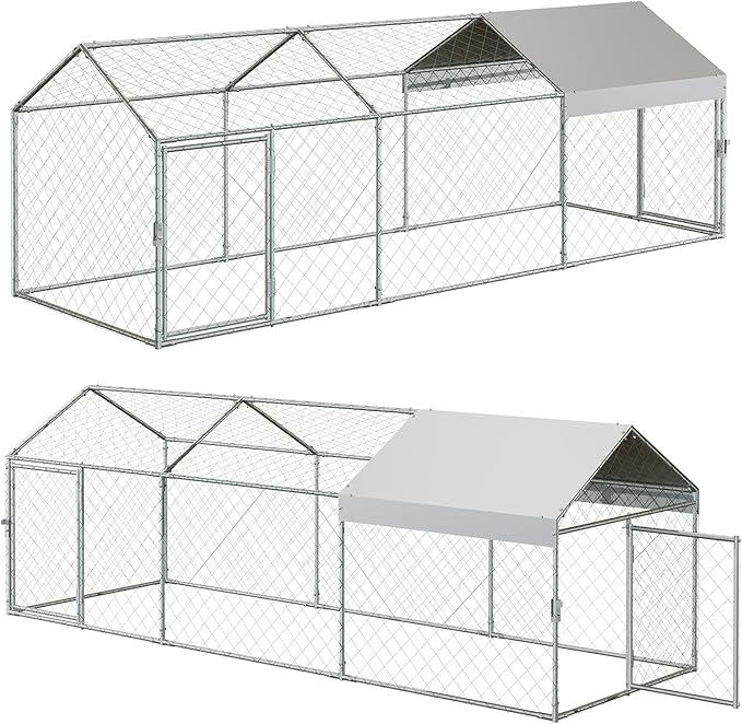 Garvee Large Metal Chicken Coop with Run, 120 in x 40 in x 40 in Chicken Run with Cover, Outdoor Walk in Poultry Cage, for Small Animals Duck Rabbit Hen Chicken Supplies - Silver