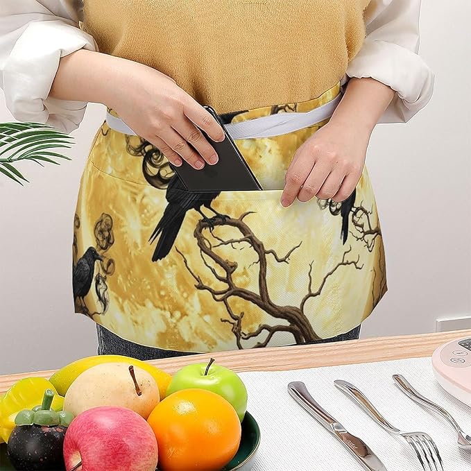 Unisex Chef Waiter Apron Waist Half Short Serving Aprons with 3 Pockets