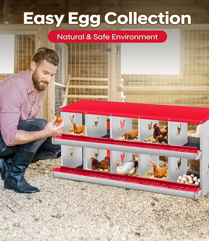 Durable Coop Accessory - Metal Chicken Nesting Box for Small Animals - 10 Compartments, Wall Mount, Easy Egg Collection, No Legs - Orange Red, 10 Compartments, No Legs
