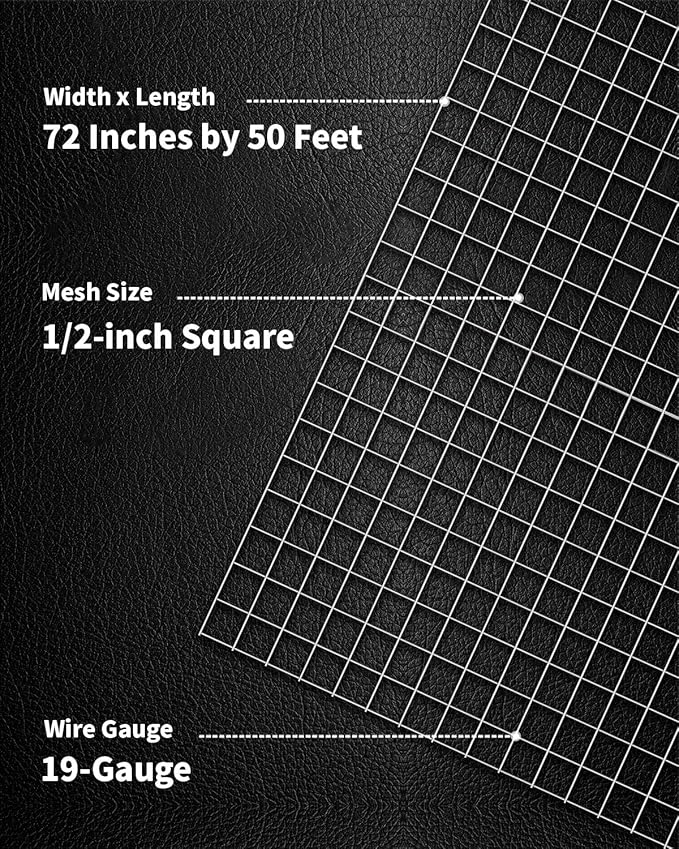 Hardware Cloth 1/2 inch Mesh 72'' x 50' 19-Gauge, Hot-Dip Galvanized After Welding, Welded Wire Mesh Roll Chicken Wire Fencing Cage Wire Rodent Wire Hardware Mesh