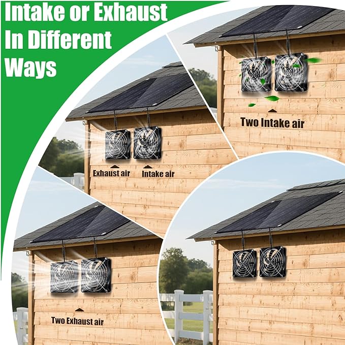 Chicken Coop Fan Solar Powered,25w Solar Panel Powered With Dual Ip67 Waterproof Fans For Green House，Shed,Dog House,2 Way Air-Flow Intake Or Exhaust Chicken Coop Fan Solar