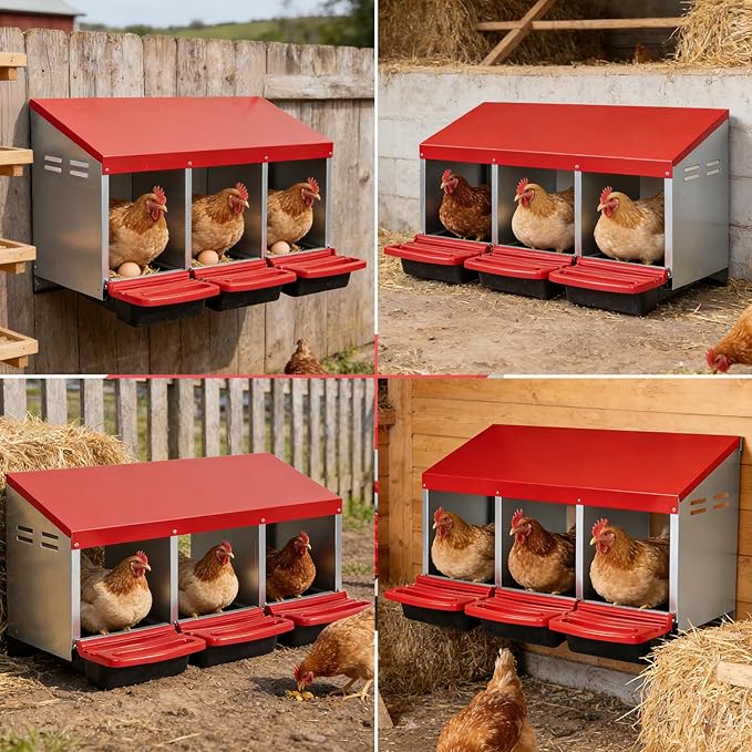 GarveeHome Chicken Nesting Boxes, 3 Compartments Metal Chicken Laying Box with Swing Perch, Roll Out Egg Collection with Large Vented Holes for Chickens, Hens, Large Egg Laying Boxes