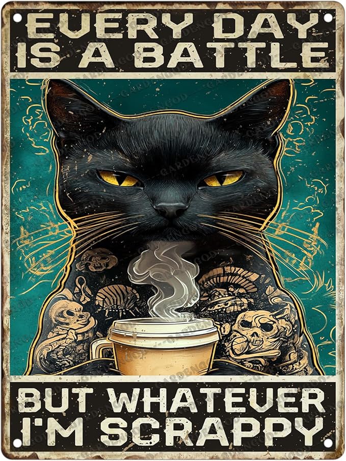 Vintage Black Cat Metal Sign Black Cat Every Day Is A Battle Novelty Metal Poster Home Kitchen Bathroom Aluminium Sign Art Wall Decor 16x12 Inch