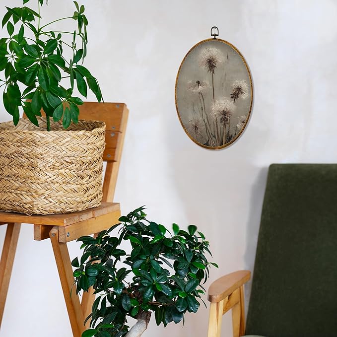 Hiuwevt Vintage Dandelion Floral Round Wall Art Decor, French Country Botanical Framed Canvas Prints, Rustic Cottagecore Round Wall Hanging Decor for Bedroom Room Decorations, 8.6x11.4 Inches